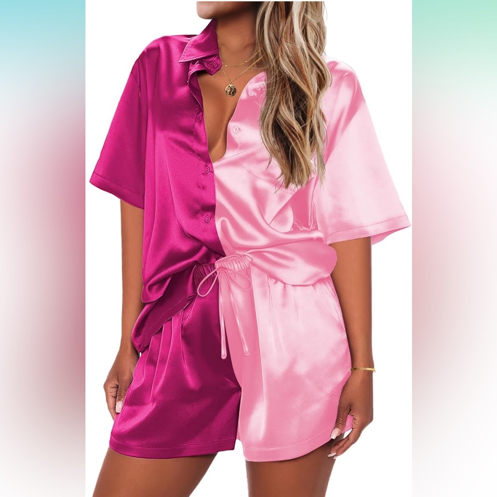 Split light and dark pink satin like pjs